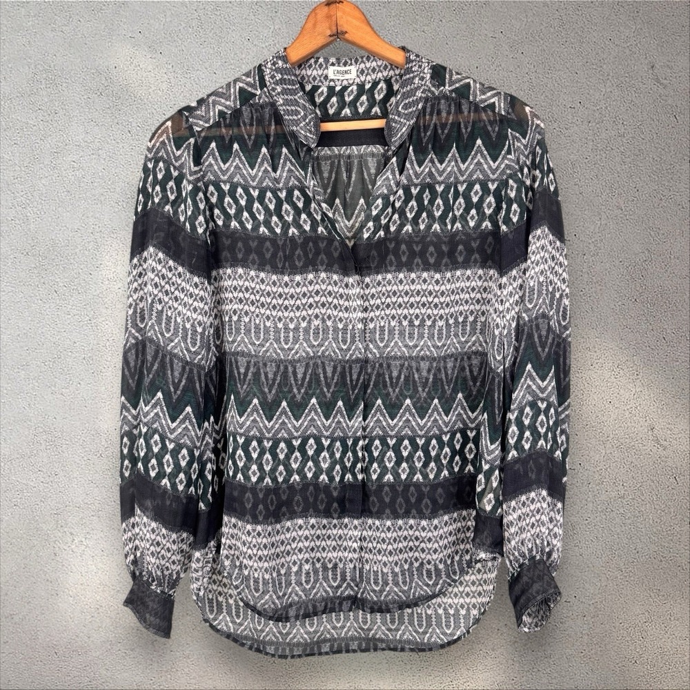 L'AGENCE Mixed Print Moroccan Aztec Print Silk Blouse‎ Sz 4
